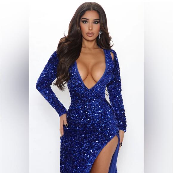 Fashion Nova Royal Blue Jaw Dropper Sequin Maxi Dress Size Large Long Sleeves - Picture 2 of 7